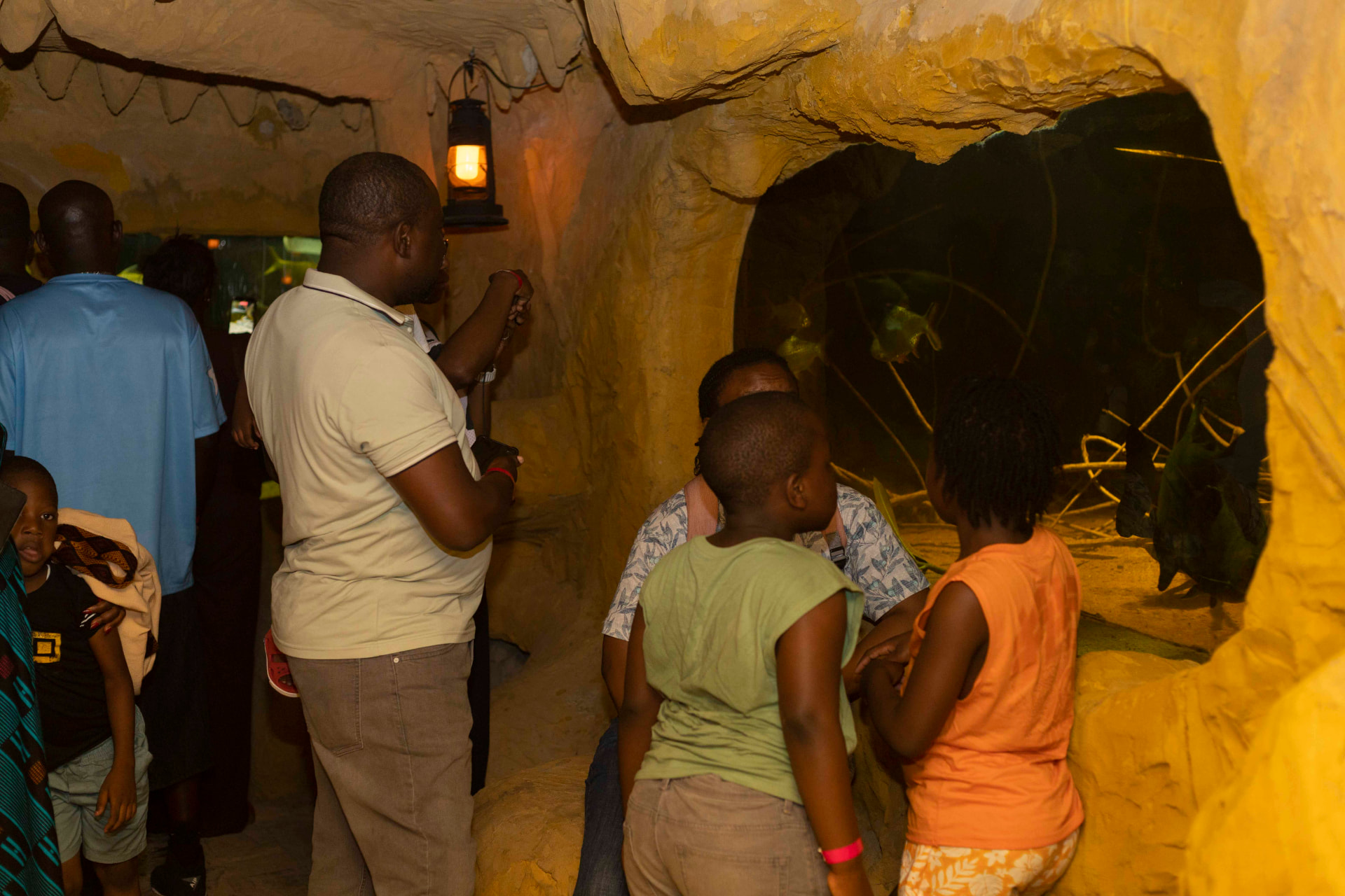 Guests exploring an aquarium cave