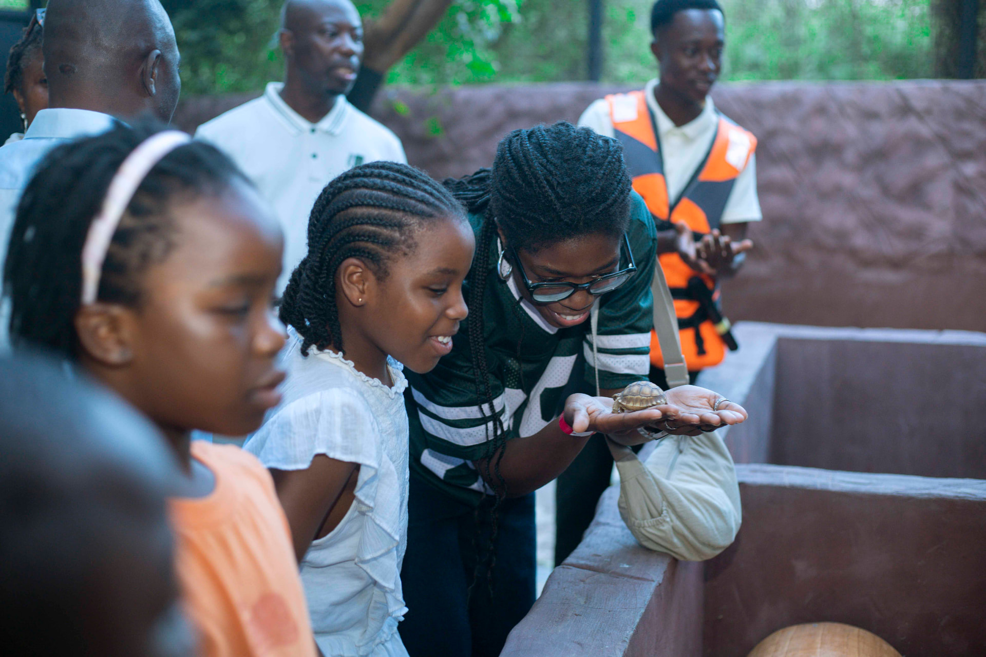 Children meeting a tortoise up close